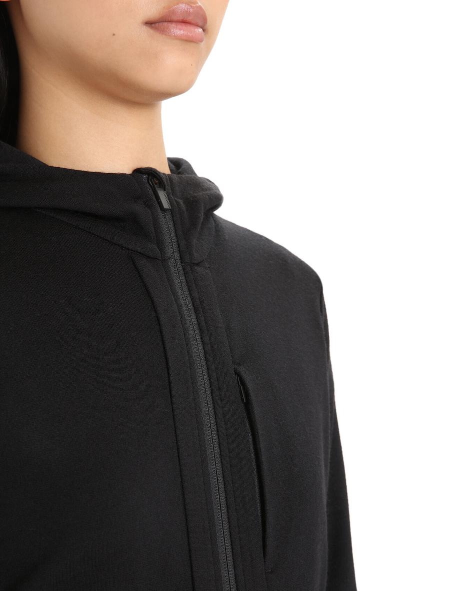 Black Women's Icebreaker Merino Quantum III Long Sleeve Zip Hoodie | USA 1678WNBY